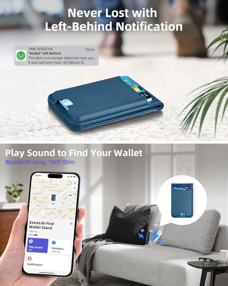 ExtreLife for Magsafe Wallet, Works with Apple Find My, Strongest Magnetic Wallet for iPhone 17/16/15/14/13/12 Series, WalletTracker with Adjustable Stand, 6 Cards Holder, Dark Blue - Image 3